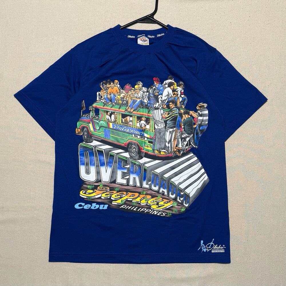 Vintage 90s Dibuho Philippines Overloaded Jeepney T-Shirt Blue Sz M Hand Painted